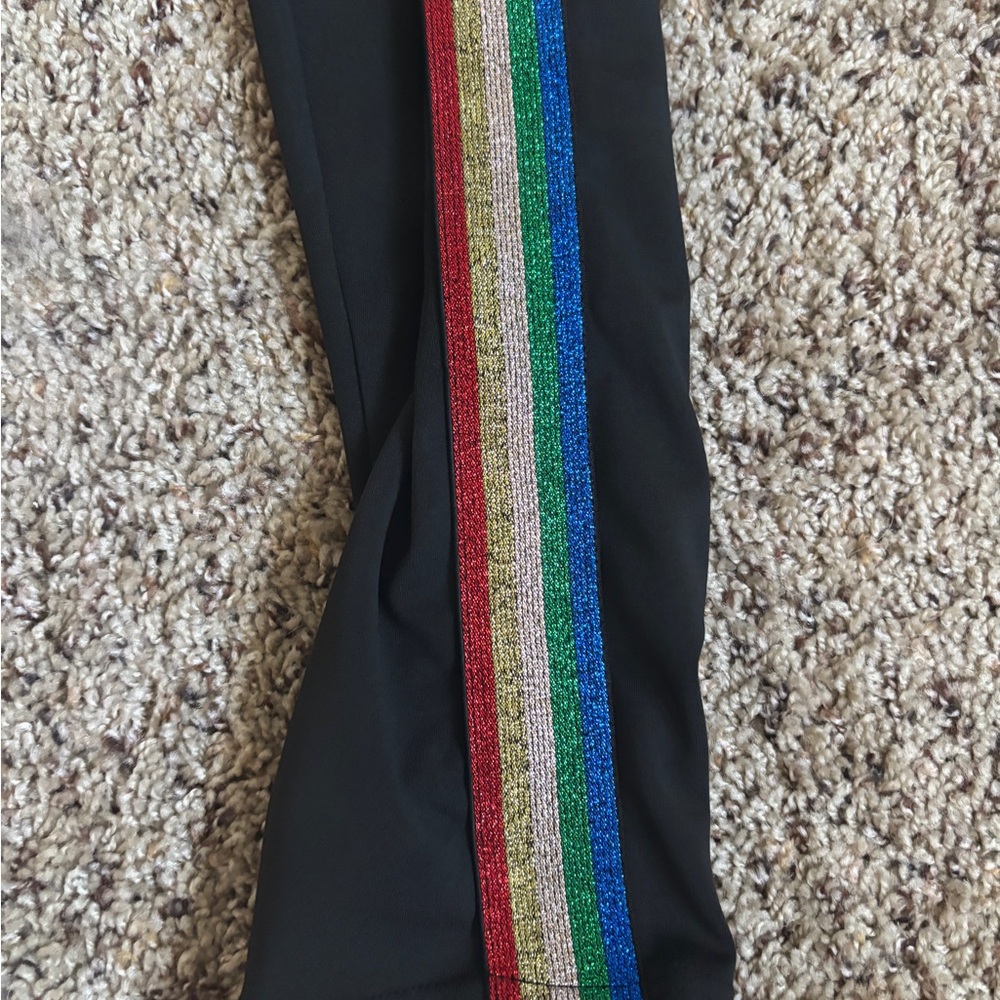 Black capri leggings with rainbow stripes